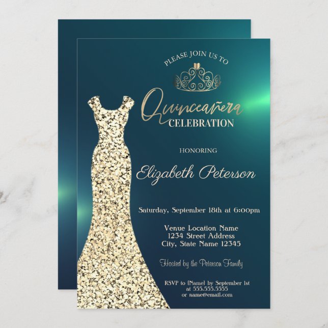 Invitación Vestido elegante de oro, Quinceañera verde Tiara (Anverso / Reverso)