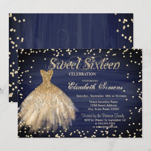 Invitación Vestido Elegante Dorado Diamantes Azul Marino Dulc