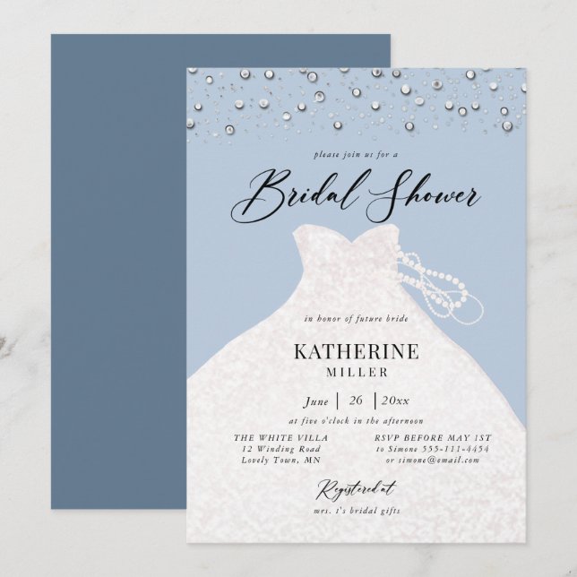 Invitación Vestido elegante en Pearls Dusty Blue Bridal Showe (Anverso / Reverso)