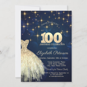 Invitación Vestido Elegante Estrellas Doradas Azul Marino Cum