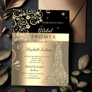 Invitación Vestido Elegante Floral Dorado con Brillo para Des