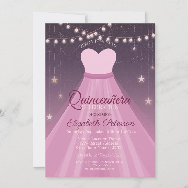 Invitación Vestido elegante, luces de cadena Quinceañera (Anverso)