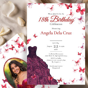 Invitación Vestido Elegante Mariposas Rojas Debut Cumpleaños 