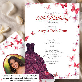 Invitación Vestido Elegante Mariposas Rojas Debut Cumpleaños 