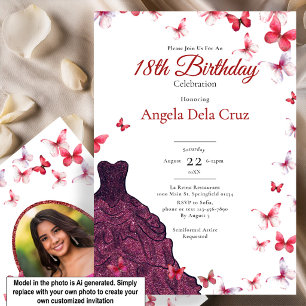Invitación Vestido Elegante Mariposas Rojas Debut Cumpleaños 