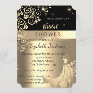 Invitación Vestido Elegante Negro, Flores Doradas Bridal Show