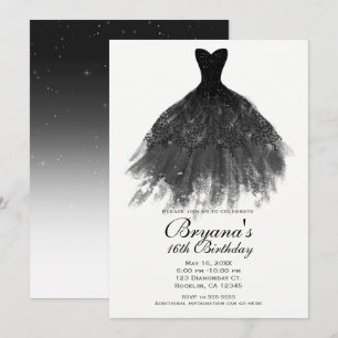 Invitación Vestido Elegante Negro y Blanco Glam Fiesta Sweet 