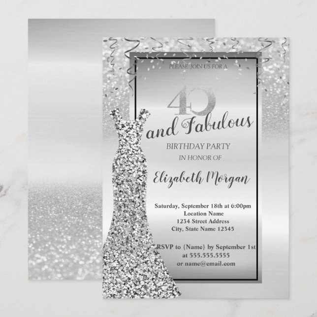 Invitación Vestido Elegante Plateado con Brillo para Fiesta d (Anverso / Reverso)