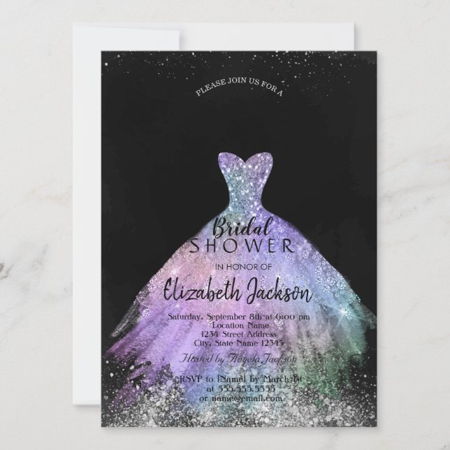Invitación Vestido elegante Purpurina de Moda, ducha de novia (Anverso)