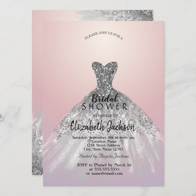 Invitación Vestido elegante Purpurina plateado, ducha de novi (Anverso / Reverso)