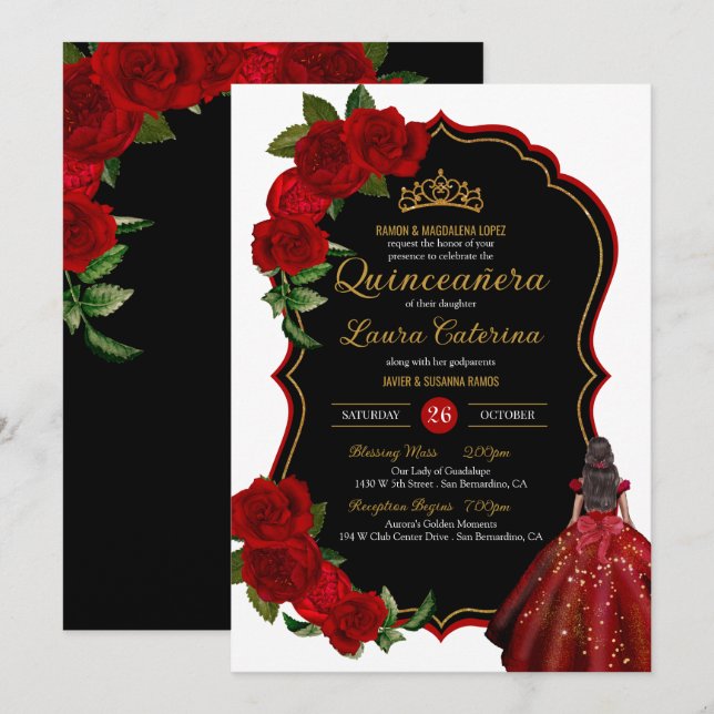 Invitación Vestido elegante Quinceanera Roses rojas negro y o (Anverso / Reverso)