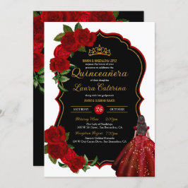 Invitación Vestido elegante Quinceanera Roses rojas negro y o