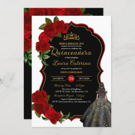 Invitación Vestido elegante Quinceanera Roses rojas negro y o