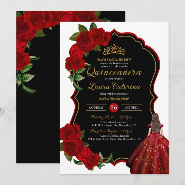 Invitación Vestido elegante Quinceanera Roses rojas negro y o (Anverso / Reverso)