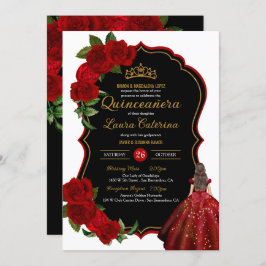 Invitación Vestido elegante Quinceanera Roses rojas negro y o