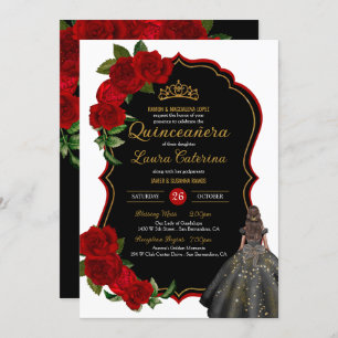 Invitación Vestido elegante Quinceanera Roses rojas negro y o