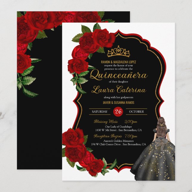 Invitación Vestido elegante Quinceanera Roses rojas negro y o (Anverso / Reverso)