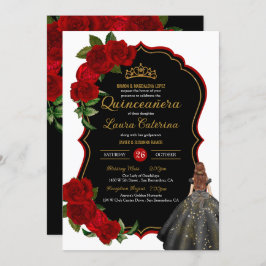 Invitación Vestido elegante Quinceanera Roses rojas negro y o