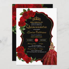 Invitación Vestido elegante Quinceanera Roses rojas negro y o