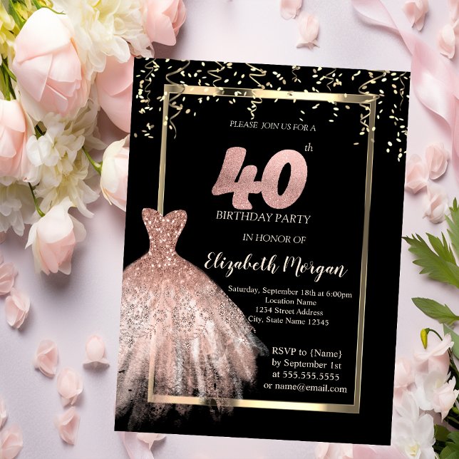 Invitación Vestido elegante, Rosa Confetti Oro 40 cumpleaños (Subido por el creador)