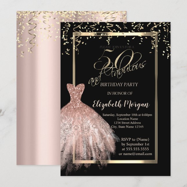 Invitación Vestido elegante, Rosa Confetti Oro 50 cumpleaños (Anverso / Reverso)