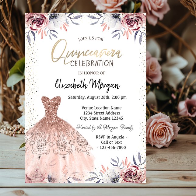 Invitación Vestido elegante, Rosas de Confetti Quinceañera (Subido por el creador)