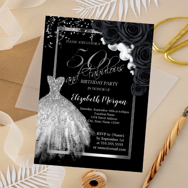 Invitación Vestido elegante, Rosas negros de Confetti 50 cump (Subido por el creador)