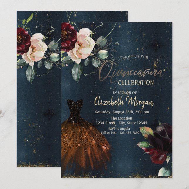 Invitación Vestido elegante, Rosas Quinceañera azul oscuro (Anverso / Reverso)
