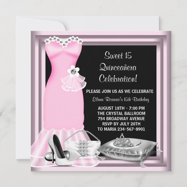 Invitación Vestido elegante Tiara Rosa Quinceanera (Anverso)