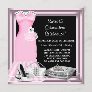 Invitación Vestido elegante Tiara Rosa Quinceanera