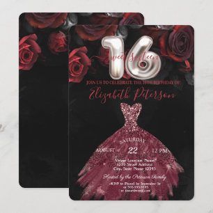 Invitación Vestido elegante y chic con rosas rojas para fiest