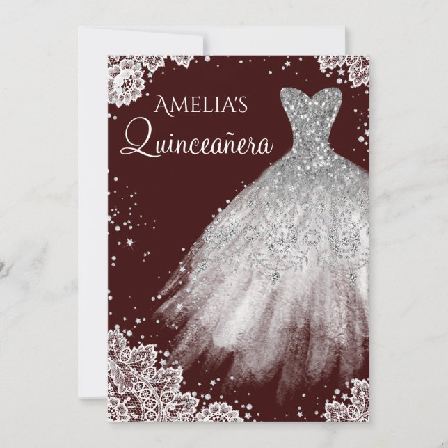 Invitación Vestido espumoso blanco encaje Borgoña Quinceanera (Anverso)