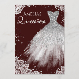 Invitación Vestido espumoso blanco encaje Borgoña Quinceanera