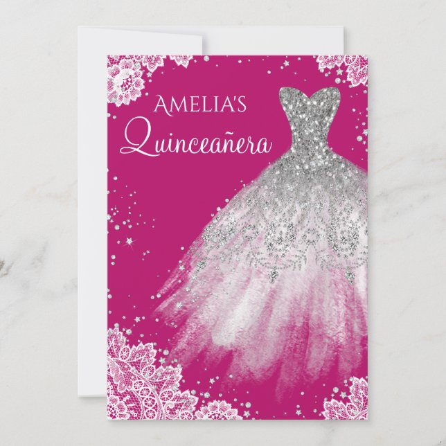 Invitación Vestido espumoso blanco encaje rosa Quinceanera (Anverso)