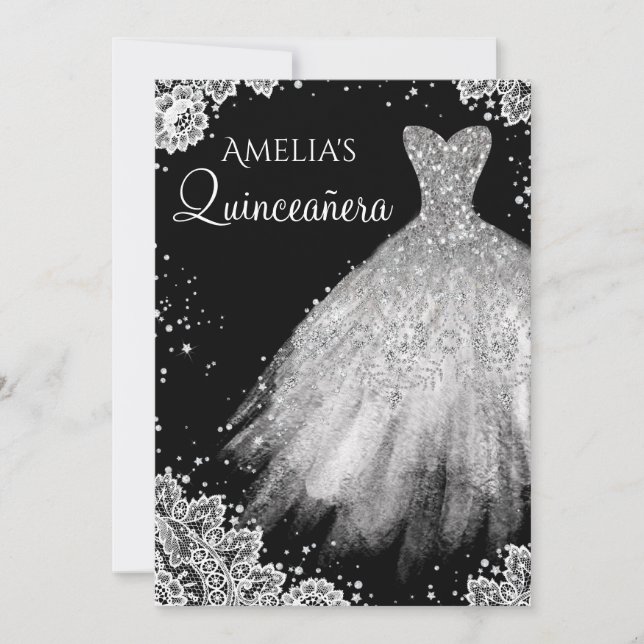 Invitación Vestido espumoso Blanco Lazo Negro Quinceanera (Anverso)