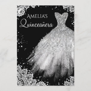 Invitación Vestido espumoso Blanco Lazo Negro Quinceanera