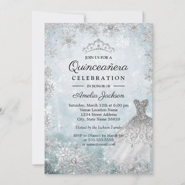 Invitación Vestido espumoso copos de nieve invierno azul Quin (Anverso)