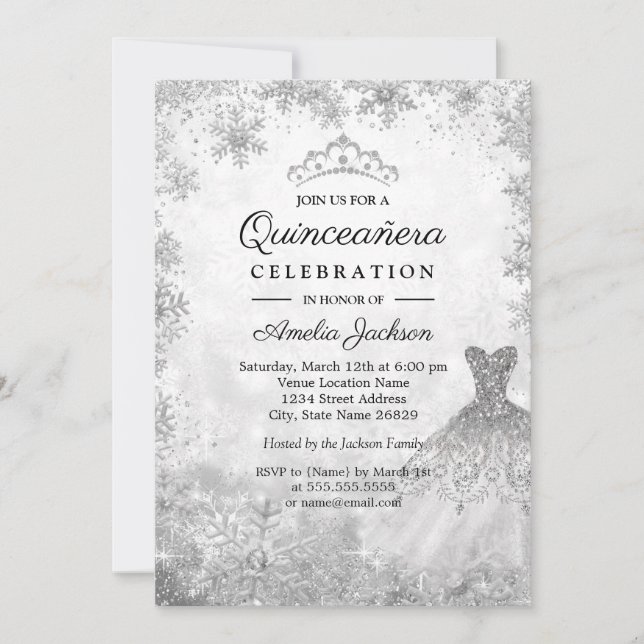 Invitación Vestido espumoso copos de nieve Invierno Quinceane (Anverso)