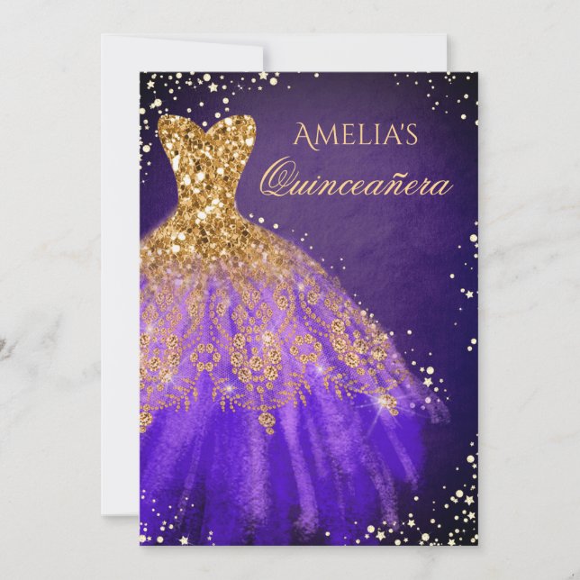 Invitación Vestido espumoso Oro púrpura Quinceanera Invitació (Anverso)