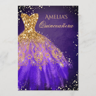 Invitación Vestido espumoso Oro púrpura Quinceanera Invitació