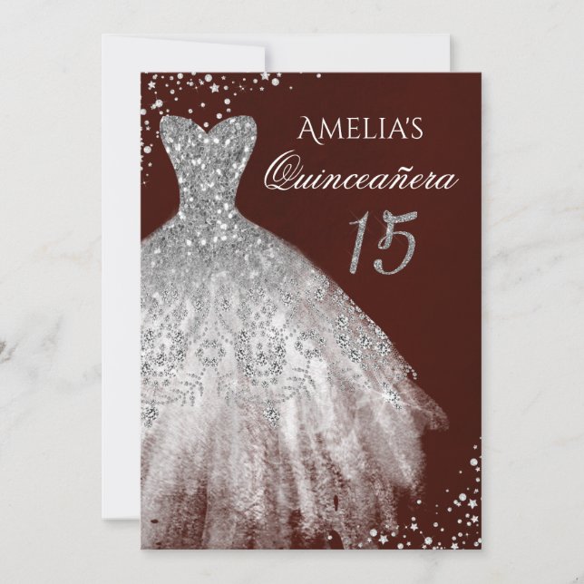 Invitación Vestido espumoso Plata Borgoña Quinceanera (Anverso)
