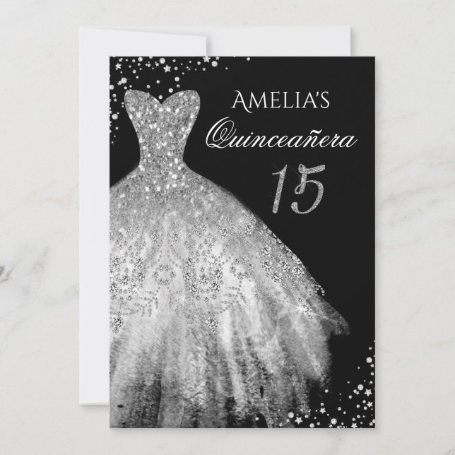Invitación Vestido espumoso Plata Negro Quinceanera (Anverso)