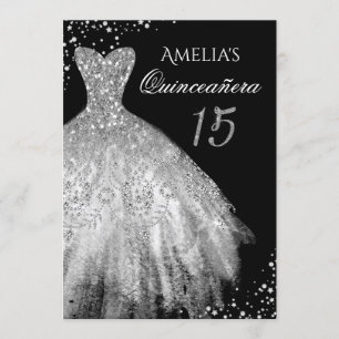 Invitación Vestido espumoso Plata Negro Quinceanera