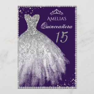 Invitación Vestido espumoso Plata Púrpura Quinceanera Invitac