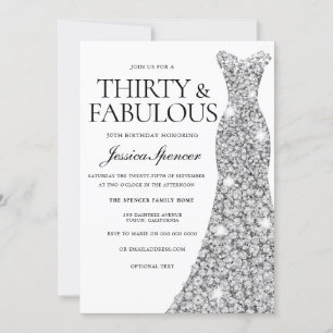 Invitación Vestido espumoso plateado 30 y fabuloso cumpleaños