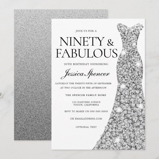 Invitación Vestido espumoso plateado 90 y fabuloso cumpleaños (Anverso / Reverso)