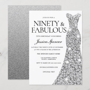 Invitación Vestido espumoso plateado 90 y fabuloso cumpleaños