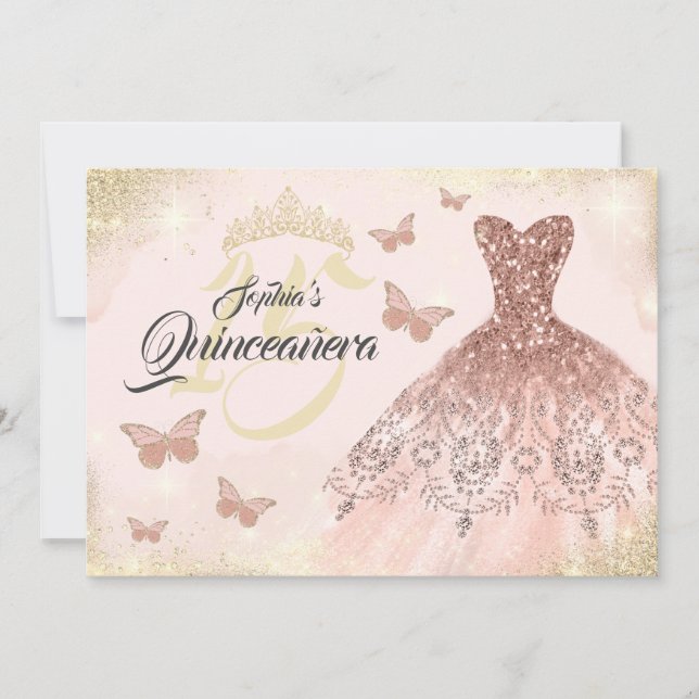 Invitación Vestido estilo mariposa quinceanera de oro Rosa (Anverso)