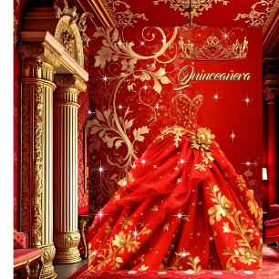Invitación Vestido Exótico Rojo Dorado para Fiesta de Cumplea