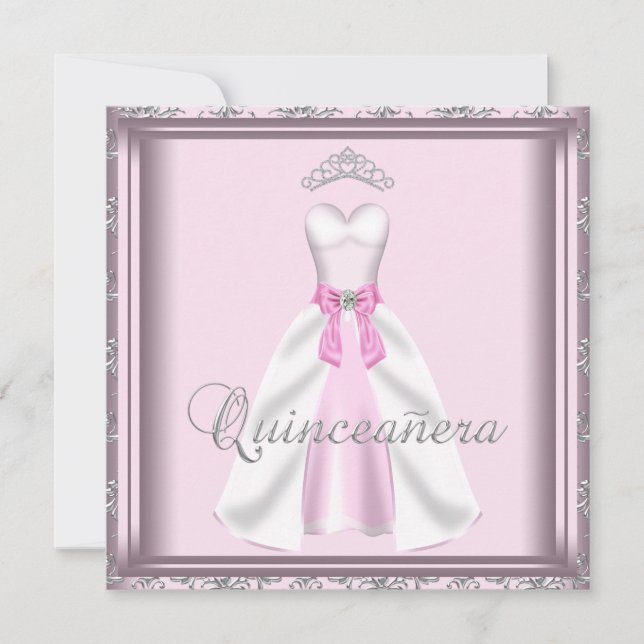 Invitación Vestido Fiesta rosa y gris Quinceanera (Anverso)